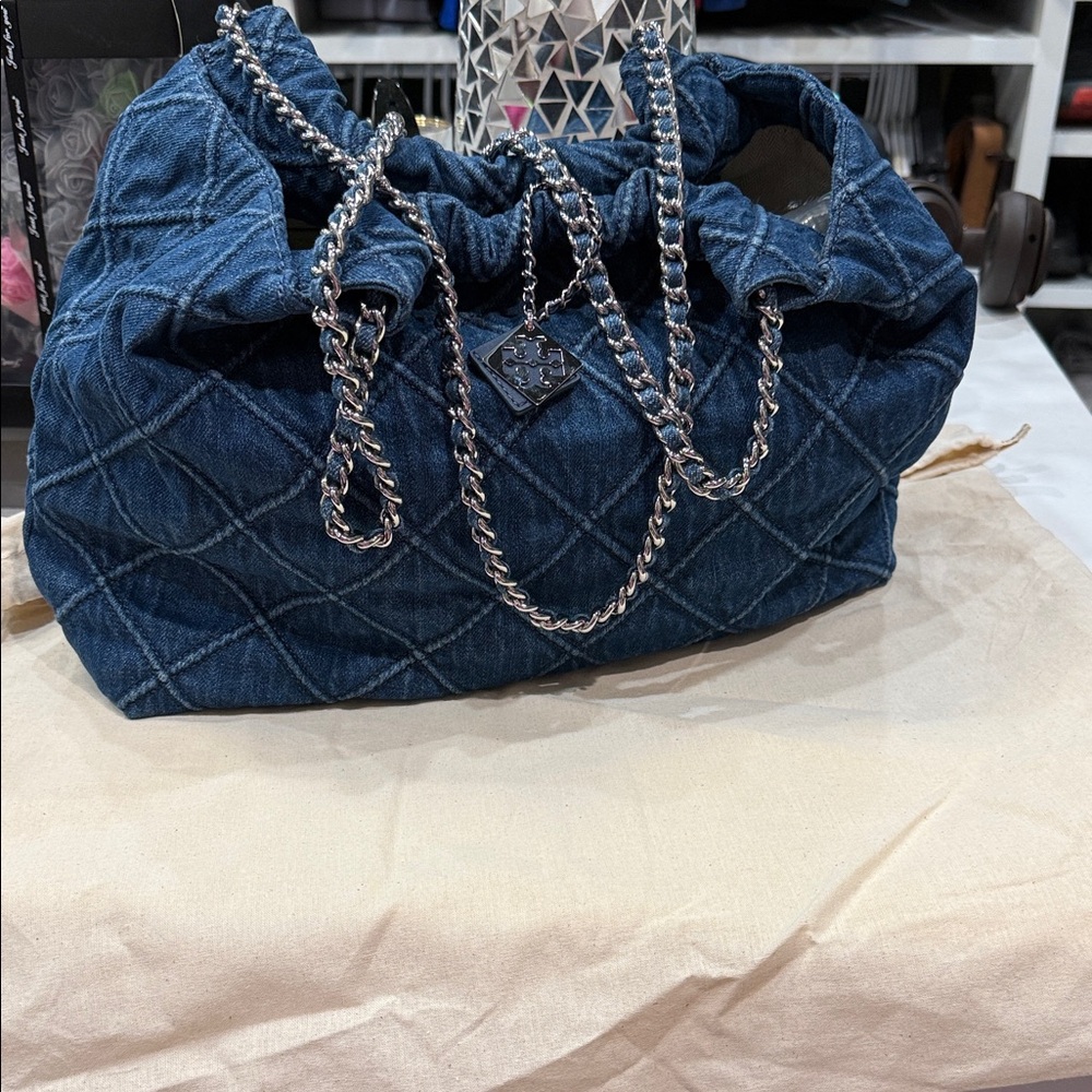 Tory Burch Quilted Denim Shoulder Bag with Silver Chain